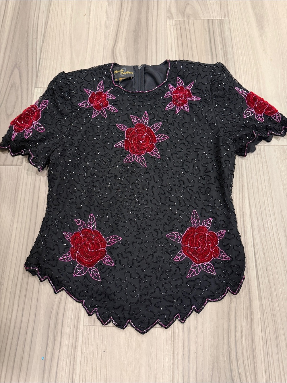 Vintage NWT 100% silk  Black Beaded Top with Red Rose beaded Appliqués